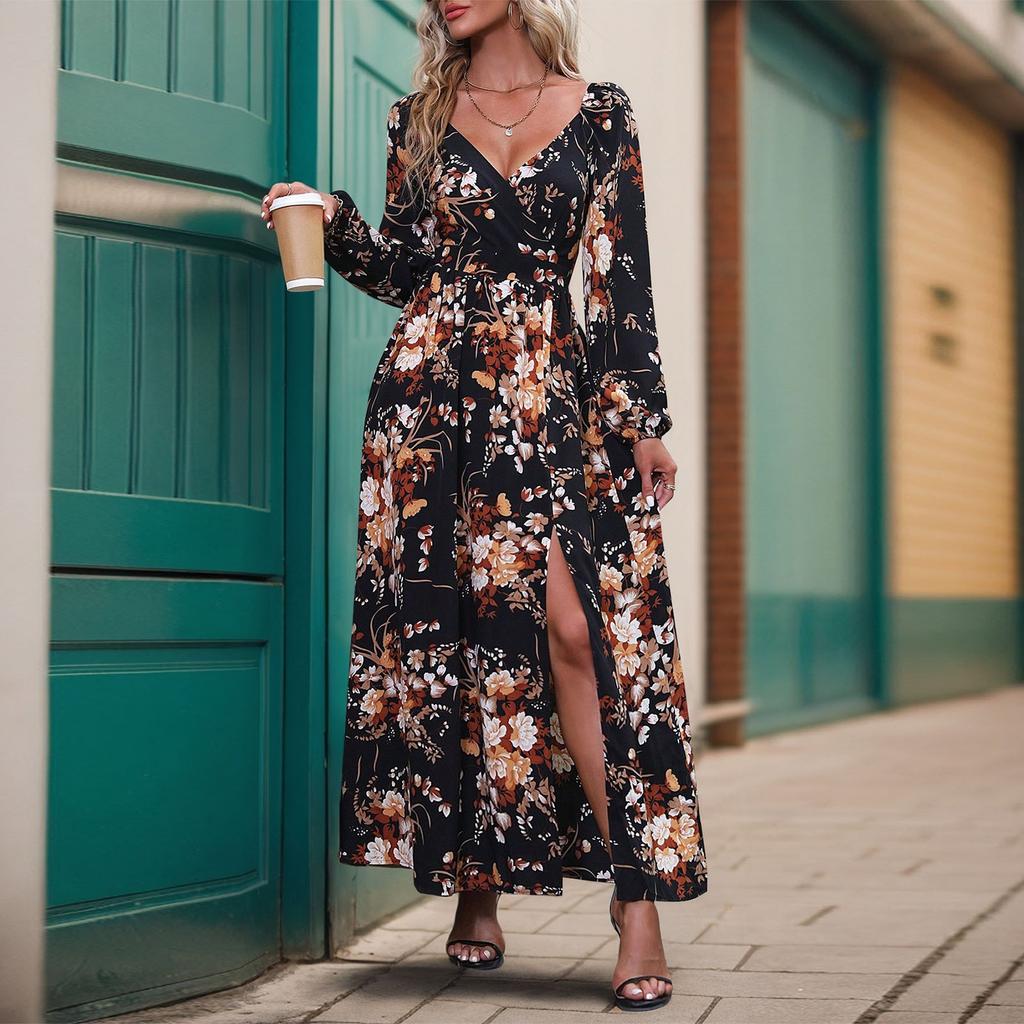 Women's Floral Print V Neck Long Sleeve Dress