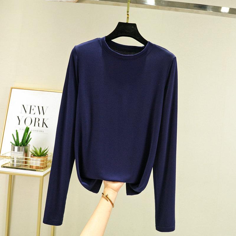 Women's Crew Neck Long Sleeve Tee Slim Fit Commuter Casual Top Solid Color Modal Fabric Stretchy Basic Layering Shirt For Autumn Daily Inner Wear