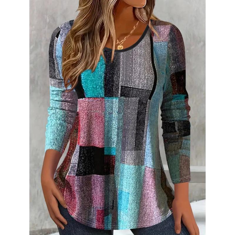 Fashionable Loose Casual Versatile Top Colorful Long Sleeved Round Neck Women's T-shirts