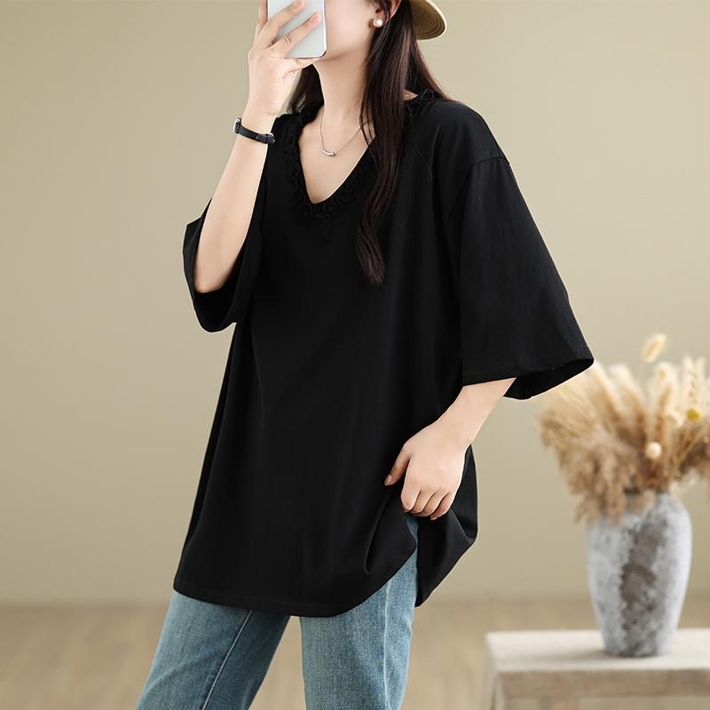 

Dimanaf 2025 Лето Женская Футболка Плюс Размер Базовая Винтажная Мода Повседневная Свободная Однотонная Футболка С V-образным Вырезом Футболки Оверсайз One Size чёрный