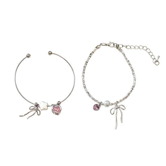 Bowknot Charm Bracelet Faux Gemstone Pink Heart Cuff Bracelet Adjustable Dainty Bracelet Elegant Wrist Jewelry for Girls Women
