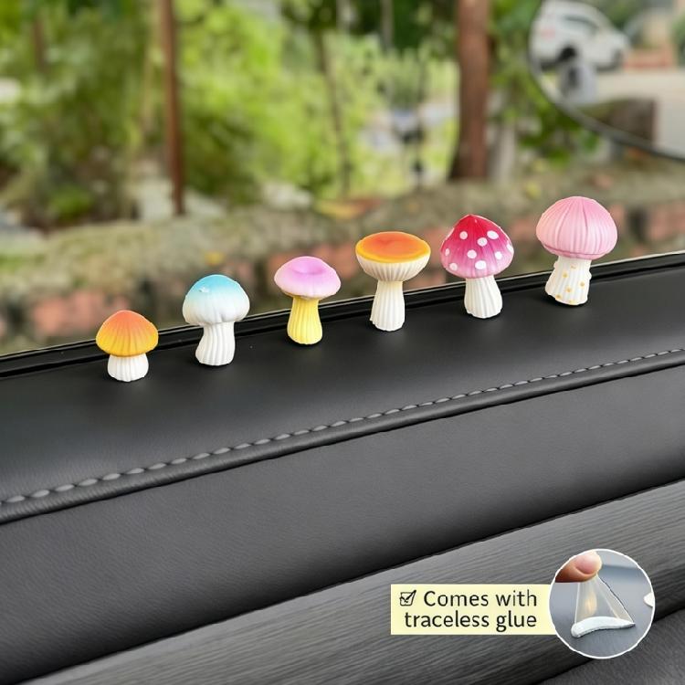 Set of 6 Cute Small Mushroom Resin Figurines Car Interior Decors For Dashboard Rearview Mirror Or Window Decoration