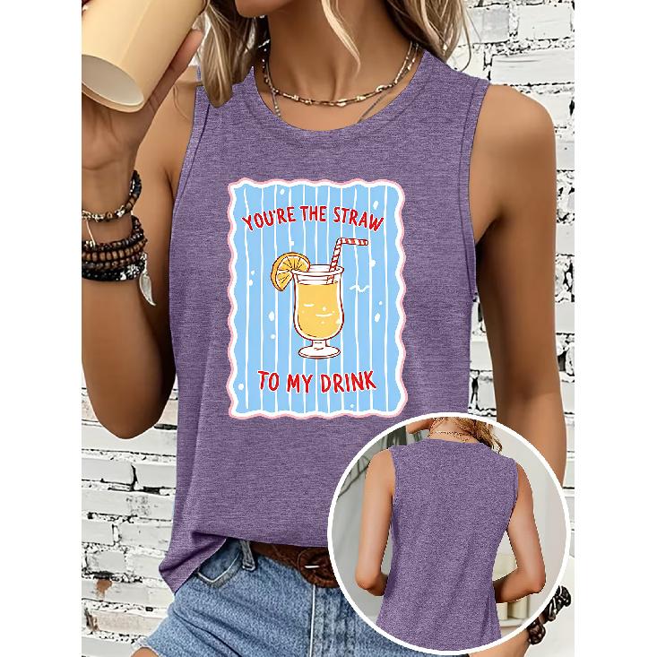 Women's Sleeveless Vest T Shirt Drink Straw Blue Striped Letter Print Casual Crew Neck Top Soft, Skin-friendly, Breathable, Comfortable, Machine