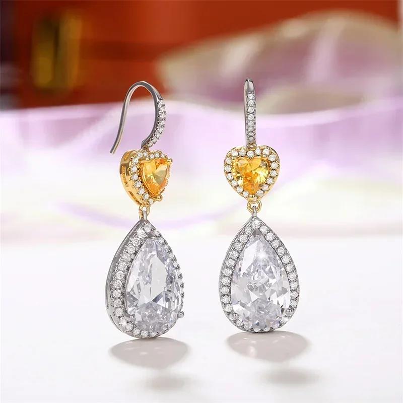 Luxury Big Water Drop Cubic Zirconia Dangle Earrings For Women Two-Tone Yellow Heart Elegant Wedding Party Jewelry