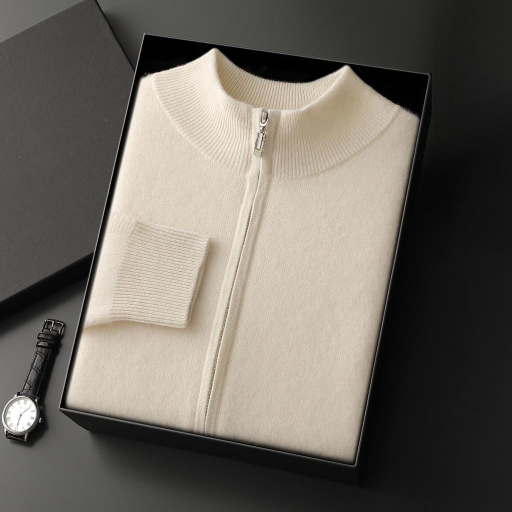 Siping Men's Thick Cashmere Cardigan, Zipper Stand Collar, Warm Knit Outerwear, Business Casual Wool Sweater