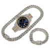 Bling Fully Iced Out Quartz Watch Necklace Bracelet Set Silver Gold Plated 13mm Chain Diamond Pointer Dial Men's