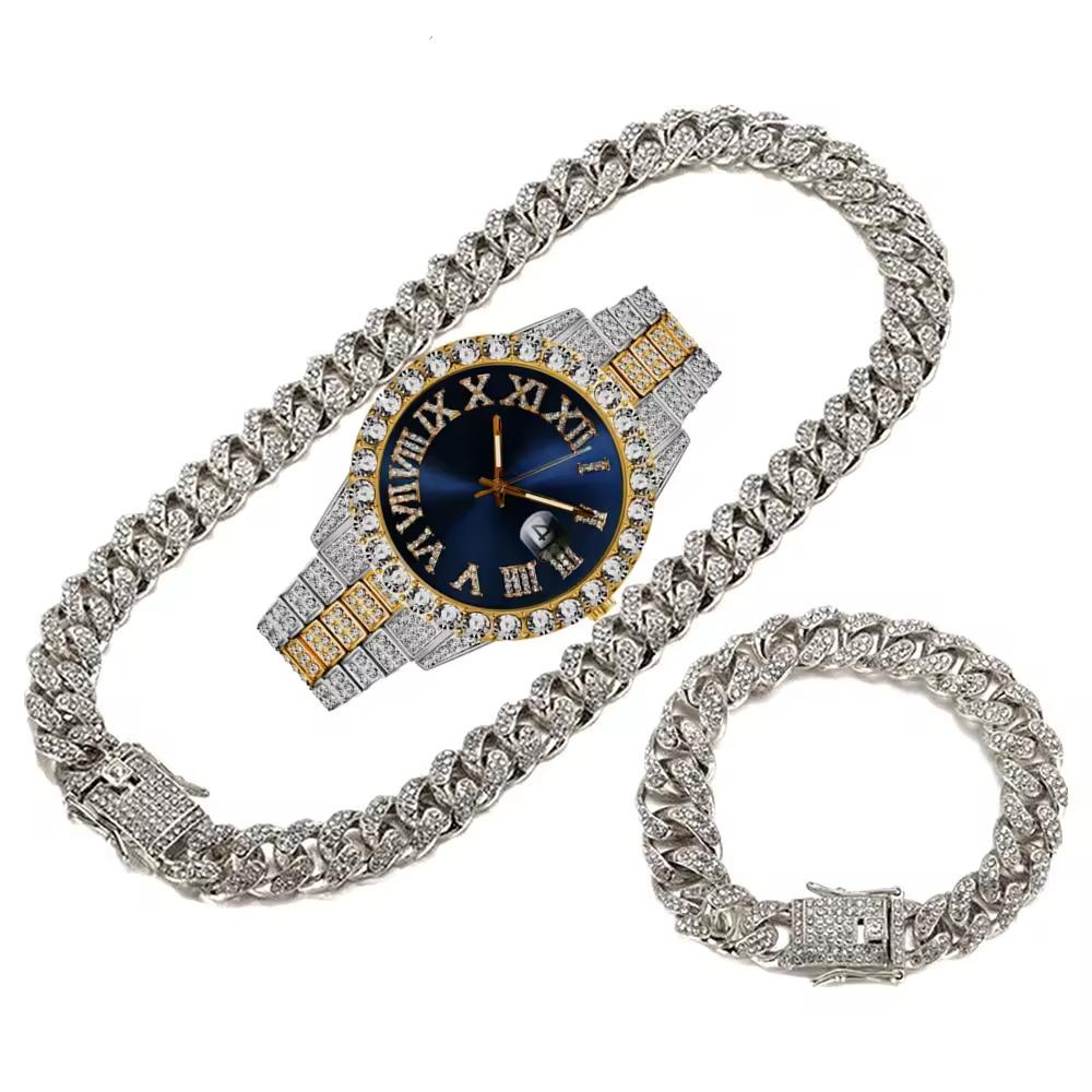 Bling Fully Iced Out Quartz Watch Necklace Bracelet Set Silver Gold Plated 13mm Chain Diamond Pointer Dial Men's