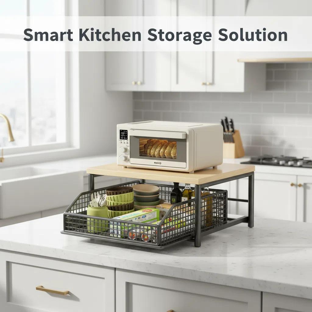 Modern Desktop Storage Rack, Wood & Metal Space Saving Shelf for Office, Pull-Out Mesh Basket Organizer for Coffee Pods, Tea