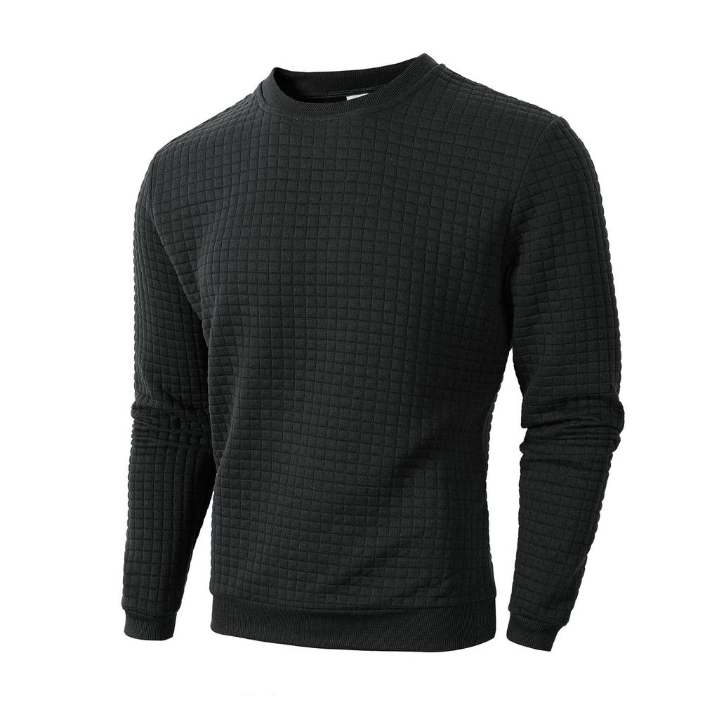 Men's Fall Winter Slim Fit Crew Neck Long Sleeve Sweatshirt, Solid Small Grid Pattern Casual Base Layer Pullover Tops