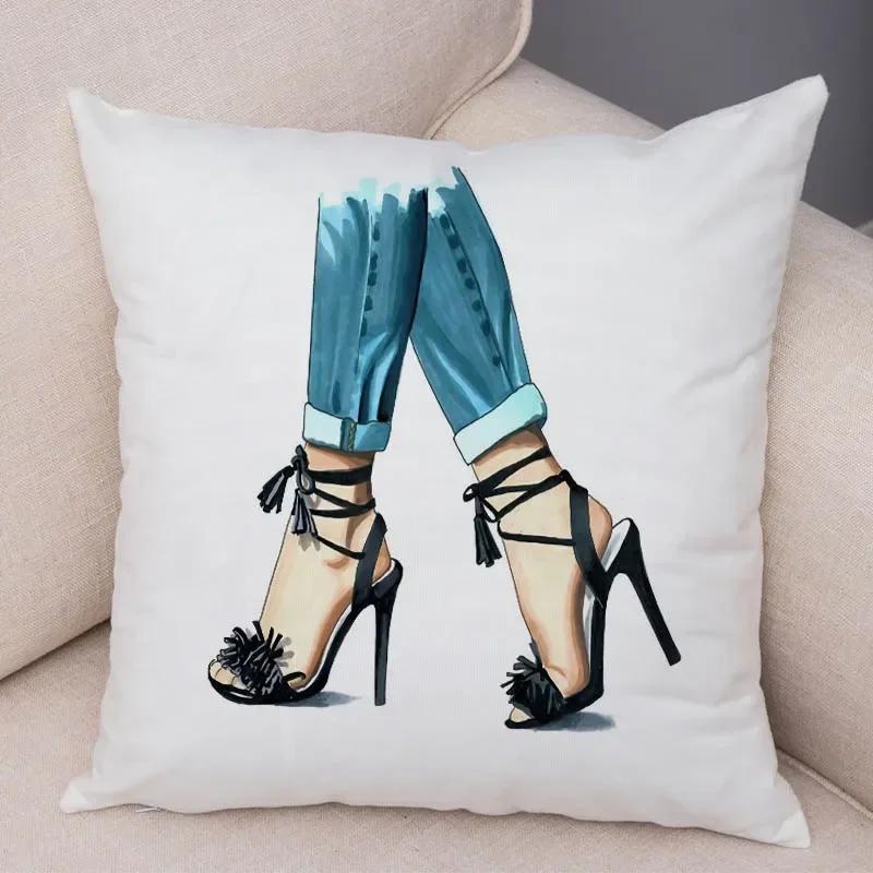 Lady High Heel Shoes Print Cushion Cover for Car Sofa Home Super Soft Short Plush Pillow Case Decor Cartoon Pillowcase 45*45 Cm