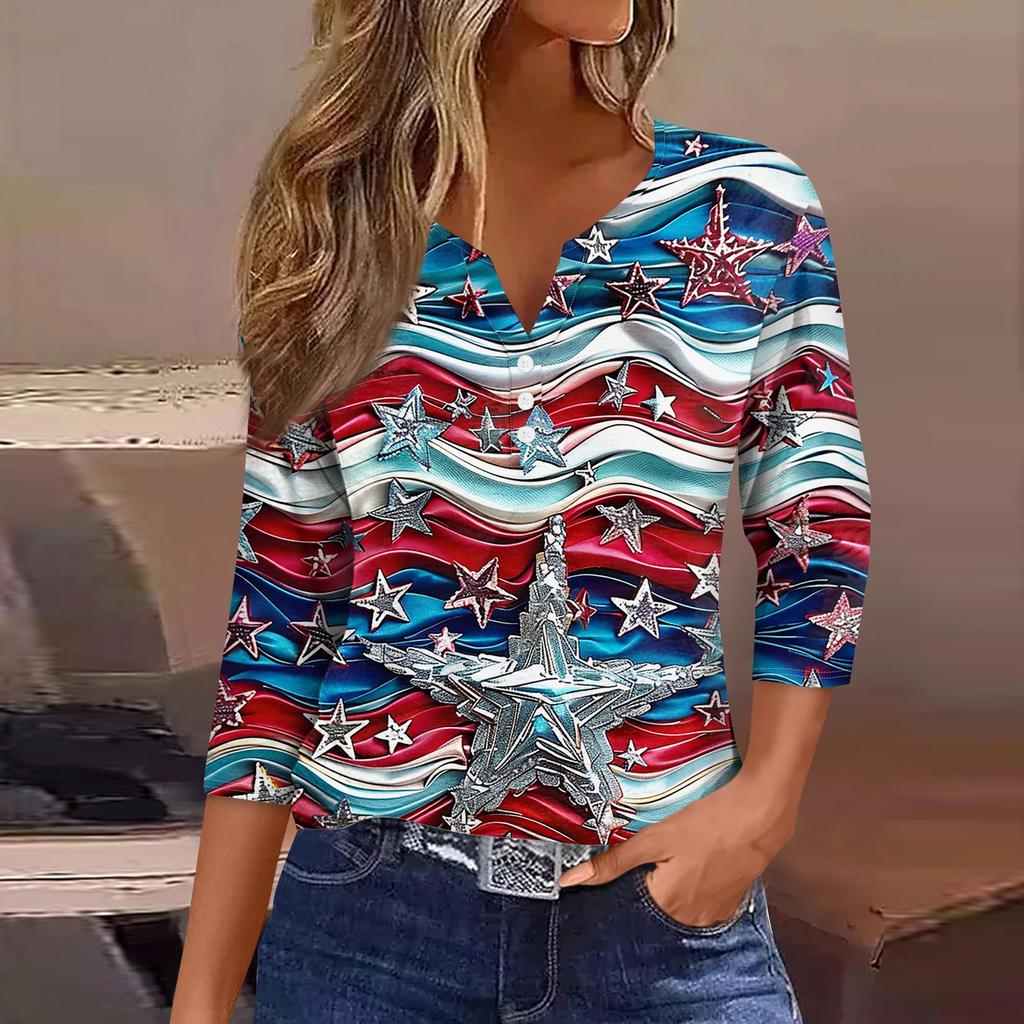 T-shirt femme imprimé bouton manches 3/4 quotidien week-end mode basique col en V haut régulier