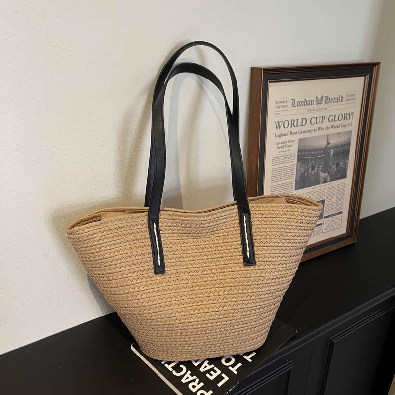 Borsa Tote in Paglia Intrecciata con Manici in Pelle Nera Grande Capacità Borsa da Spiaggia Estiva Borsa a Mano Casual da Donna per Uso Quotidiano