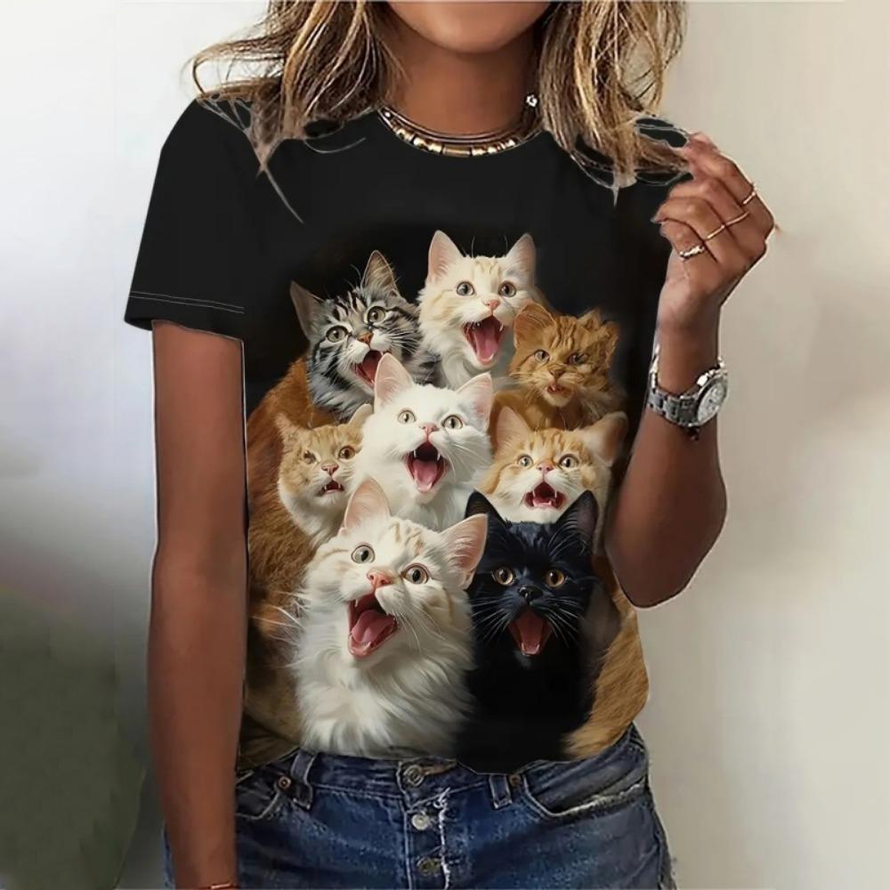 

3D Printed Cute Cat T Shirt For Women Fun Pet Animal Graphic Short Sleeves Summer Street Round Neck Tees Tops Loose T-Shirts S