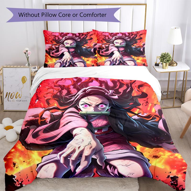 3pcs Demon Slayer Nezuko Pattern Bedding Set Duvet Cover Set Includes Duvet Cover &pillowcases, Perfect All Season Bedroom Decoration & Gift