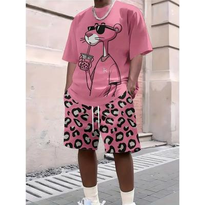 Summer Cartoon Animated Leopard Themed Printed Fashionable Loose Sportswear Men's Daily Comfortable Two-piece Sport Wear