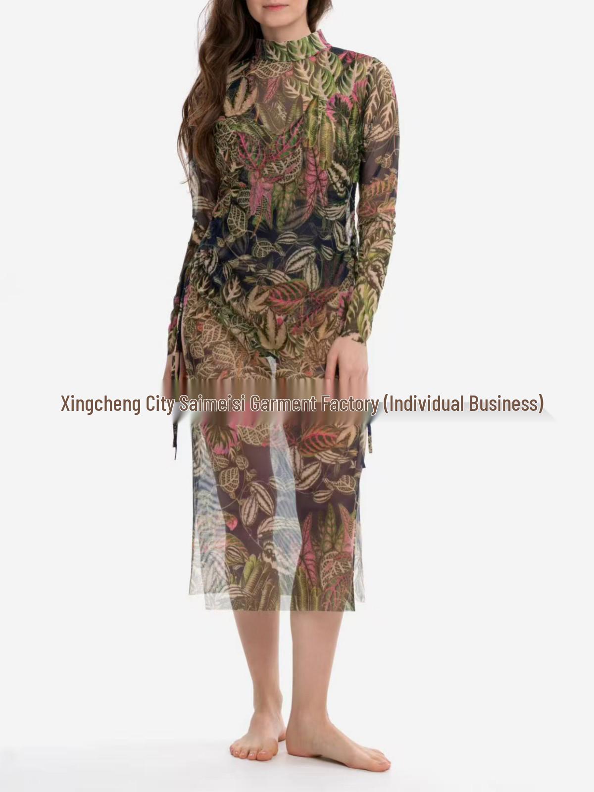 Long Sleeve Mesh Skirt Printed Swimsuit - Sun Protection One-Piece & Two-Piece Sets S картинки