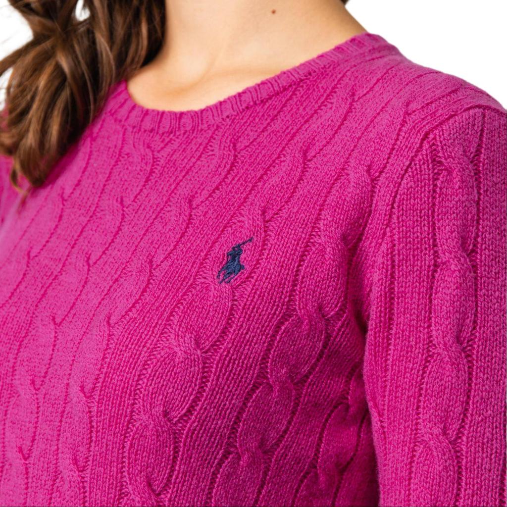 Polo Ralph Lauren Jednobarevný svetr s kulatým výstřihem a copánkovým vzorem s výšivkou poníka Dámský svetr Růžovo-červený 211525764-062