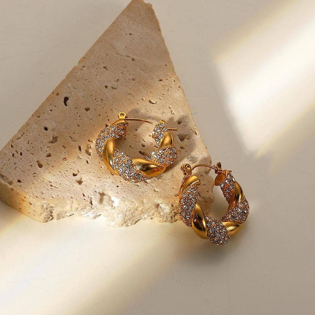 18K Gold & Zircon U-Shaped Irregular Twisted Earrings for Women