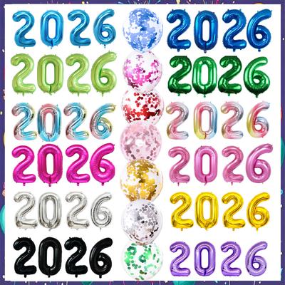 32inch 2026 Foil Balloons Color New Year Party Decorations Anniversary Supplies 12 Inch Glitter Latex Balloons Photo Booth Props