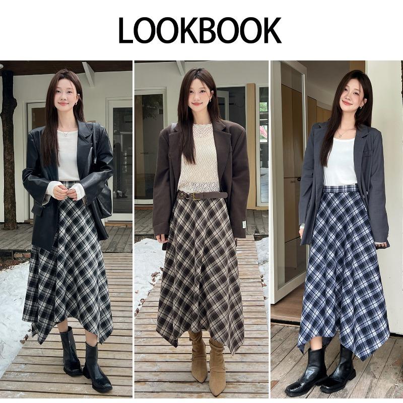 navy blue skirt women's spring and autumn new high waist drape fashion retro medium and long A-shaped irregular plaid umbrella skirt