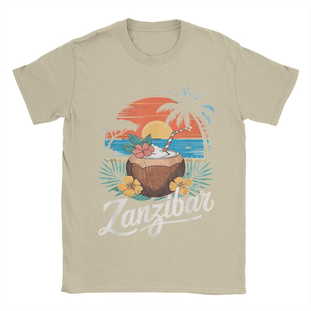 Tanzania Zanzibar Africa Tramonto Spiaggia delle Palme Stile di Vita e Cocco Maglietta Estate Cotone Manica Corta Abbigliamento Vintage