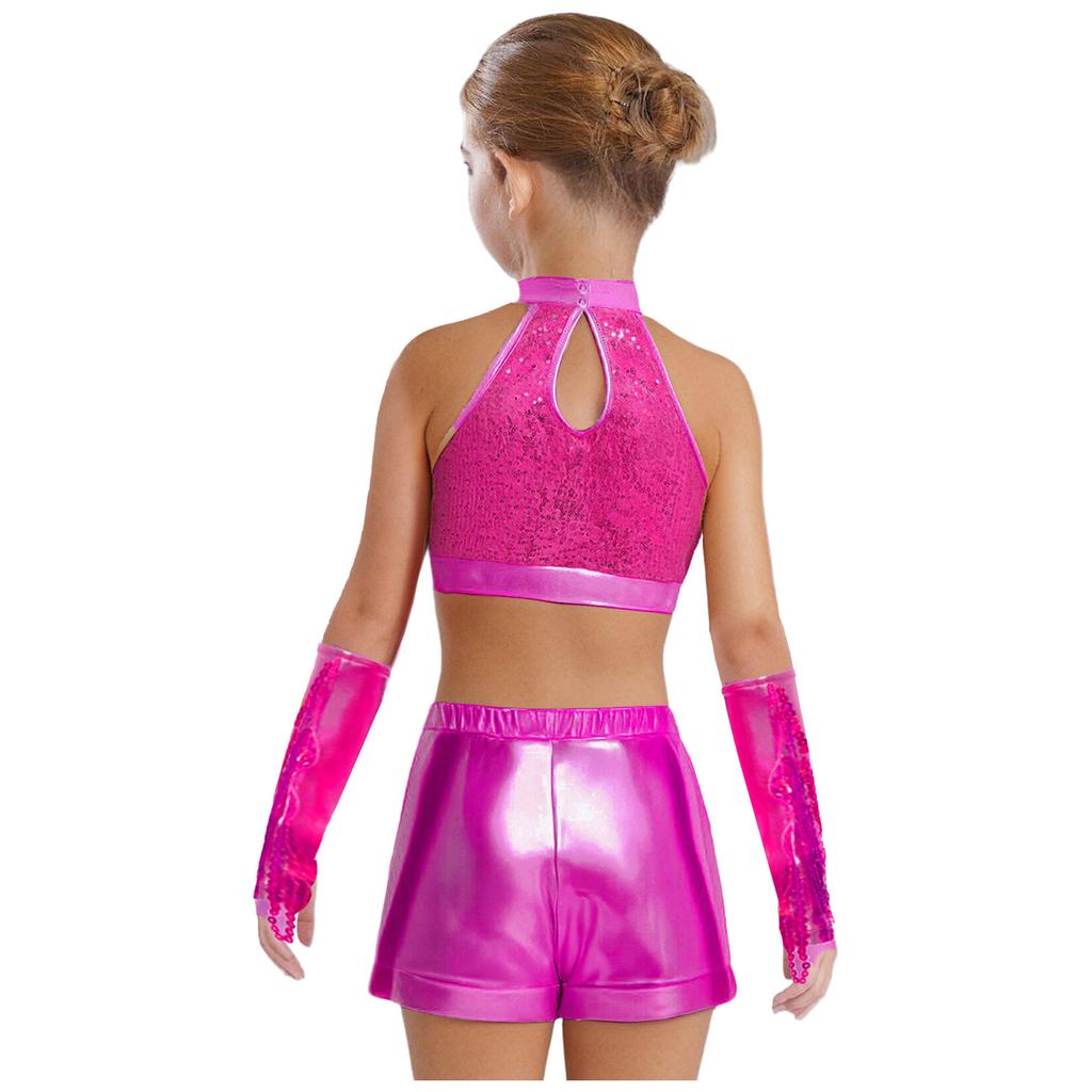 Flickors Dansuppträdandeset Ärmlös Crop Top Nyckelhålsrygg Glittrig Paljettdesign Shorts Tofsar Handskar