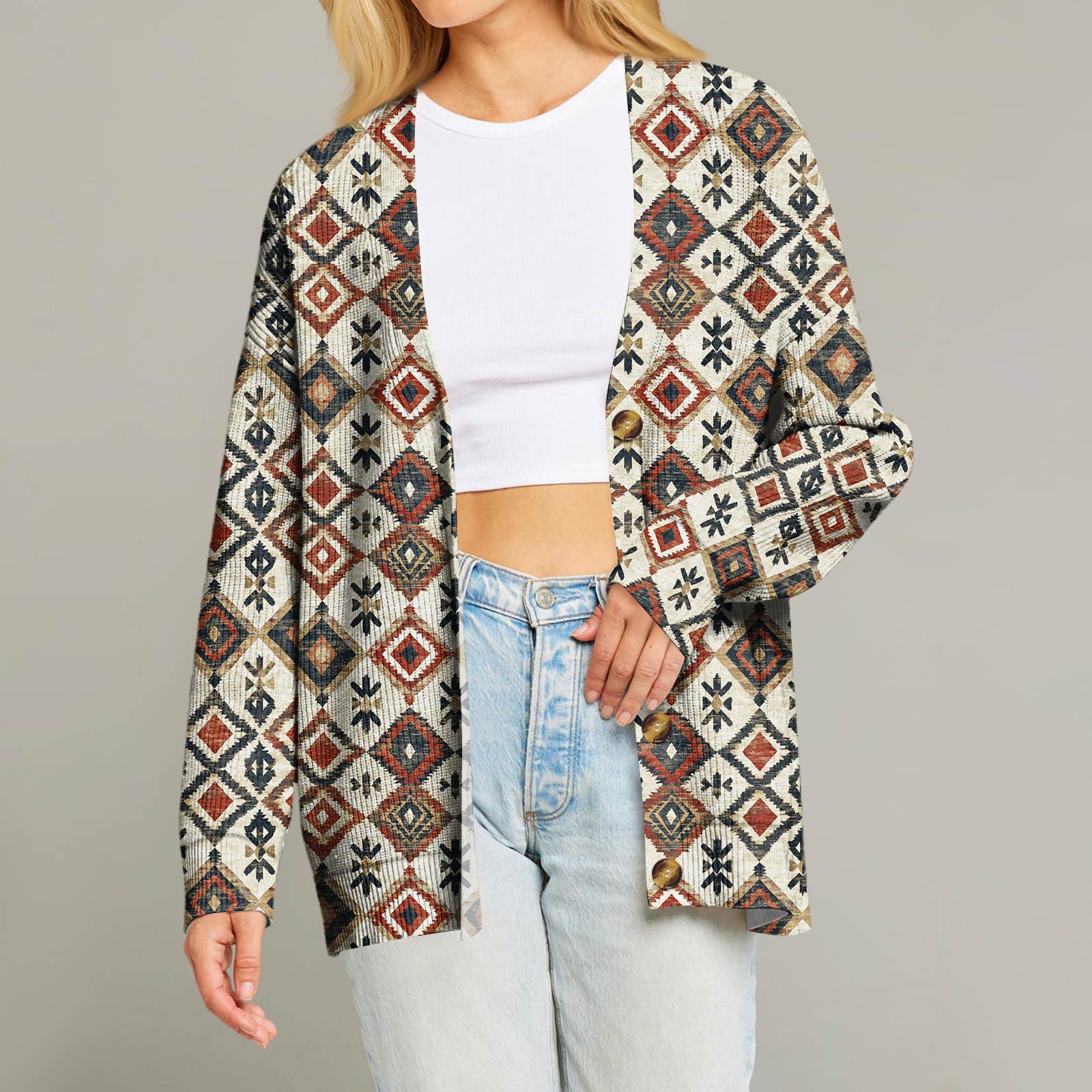 

Женский модный кардиган с длинным рукавом, V-образным вырезом, на пуговицах, свободного кроя, с рождественским принтом L верблюд