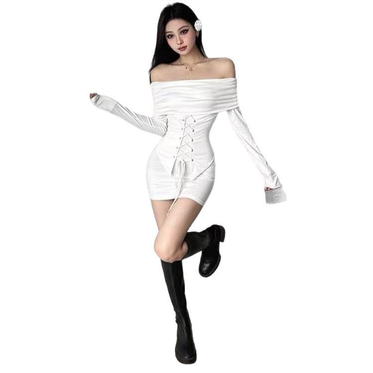 Pure desire spice girl splicing one-word shoulder dress women's waist and thin black dress slim-fitting hip-wrapped short skirt