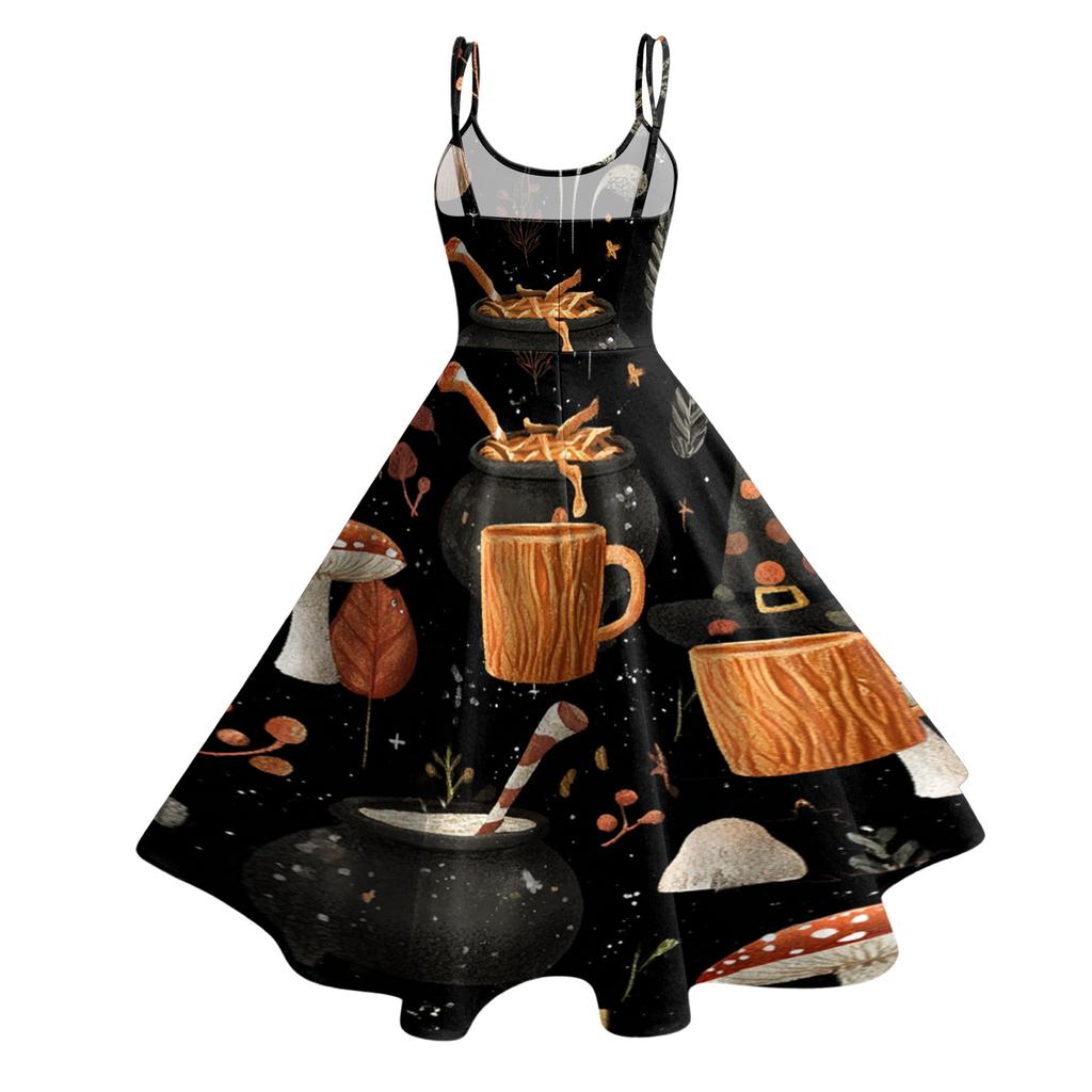 Women's Casual Round Neck Sleeveless Dress with Halloween Print for Party and Daily Wear