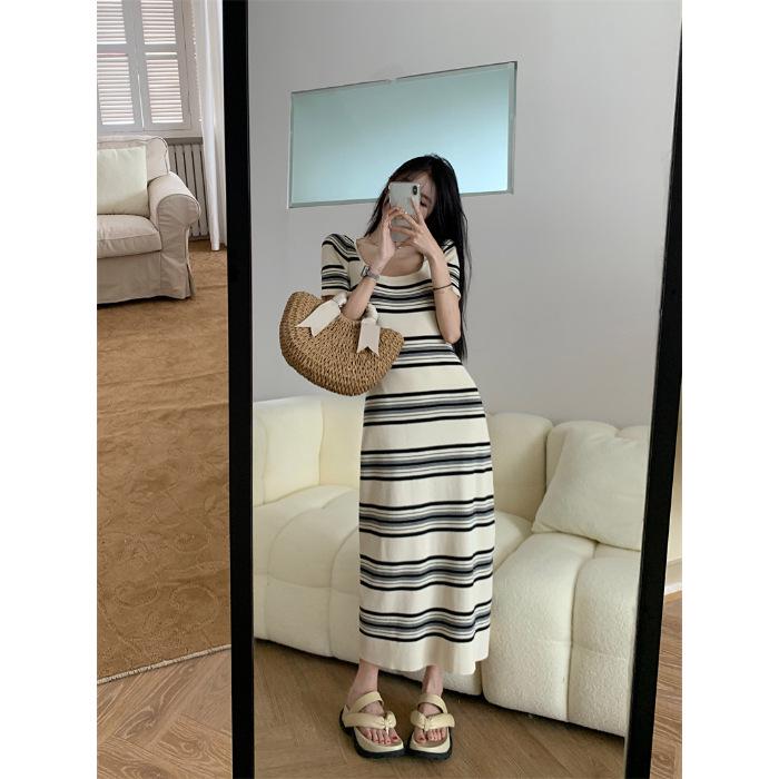 Women's French Retro Square Neck Striped Maxi Dress for Summer Vacation