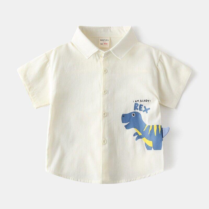 Summer Children s Clothing, Children s Short-Sleeved Solid Color Shirt, Boys Dinosaur Half-Sleeved Shirt, Baby Lapel Casual Cotton Clothes White 90