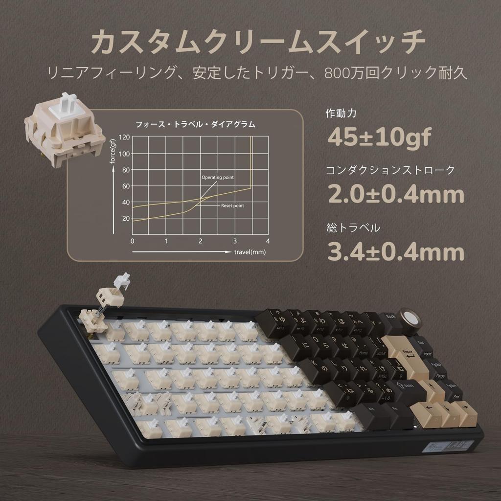 RK ROYAL KLUDGE R65 Wired Gaming Keyboard with Japanese Layout, Hot-Swappable Volume Knob, 66 Keys, Gasket-Mounted ABS Keycaps, Cherry Profile Cream