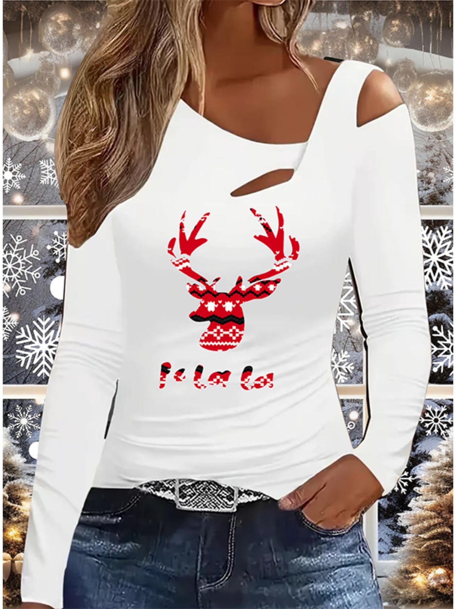 

Осень и Зима Женский Новый Повседневный Топ с Длинным Рукавом Рождественский Узор Идеальный Подарок на Хэллоуин Рождество Футболка XXL белый