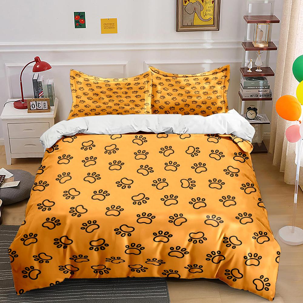 Orange Background Black Paw Patterns Bedding Set For Kids Luxury Gift 3Pcs Digital Print Comforter Set Soft Comfortable