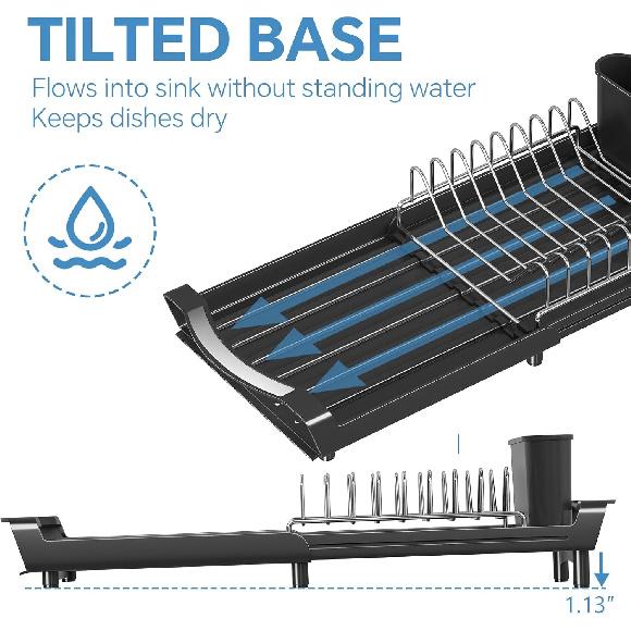 Simple Trending Small Dish Drying Rack, Compact Expandable Dish Rack with Cutlery Holder, Sink Dish Drainer for Kitchen Countertop, Black