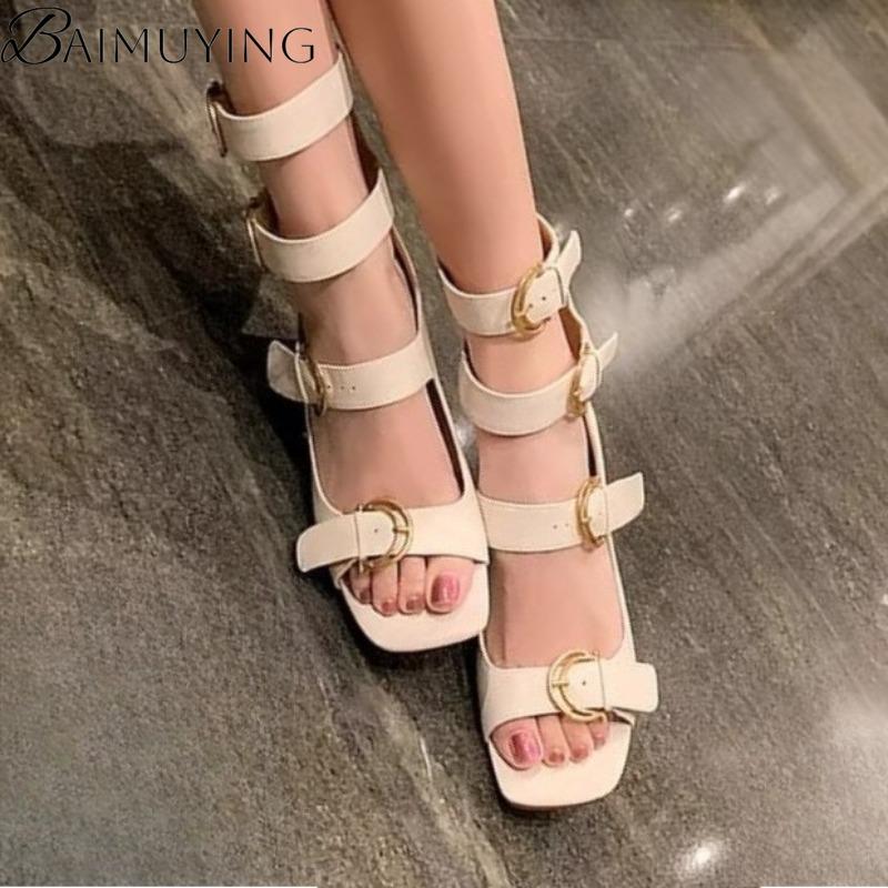 Fashion Women Square Toe Heeled Sandals Buckle High Heels Shoes Woman Summer 2025 Fashion Dress Open Toe Pumps Shallow Chunky Sandalias