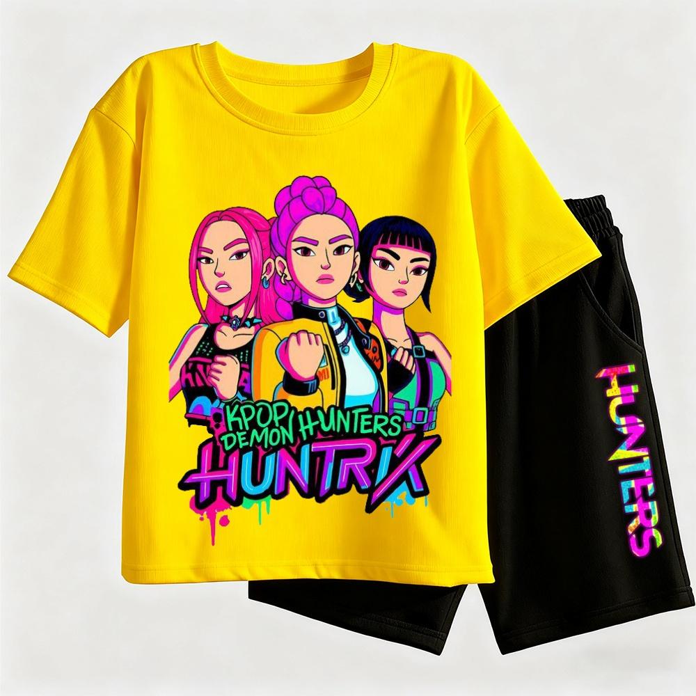 2pcs Kpop Demon Hunters Short Sleeved Shorts Set Featuring Rumi Mira Zoey Girl Group Magical Warrior Fan Tops