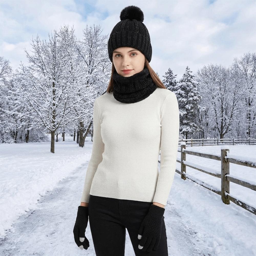 3pcs Thickened Knitted Hat Cute Pompom Beanie Hat Soft Hat Scarf Gloves Set  Daily