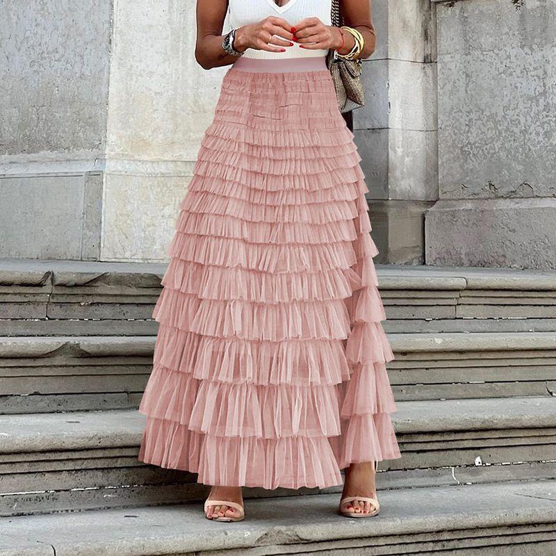 

New French style Long dress Women Autumn European and American Elegant Solid High Waist Mesh Cake Skirt Puffy Skirt GWRA193-light pink S