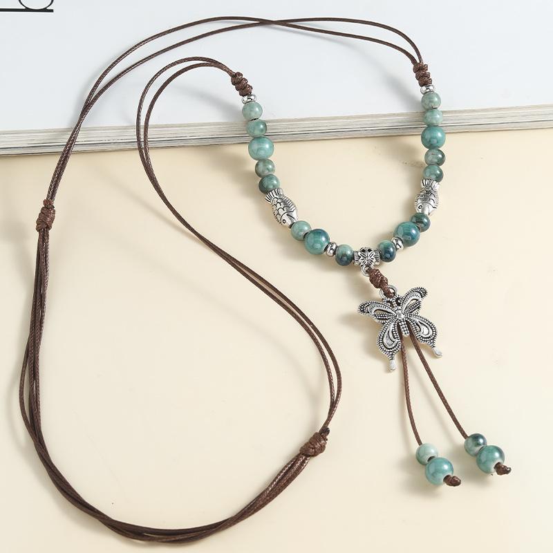 Chinese style long length sweater style accessory  butterfly necklace  ceramic  hanger cord