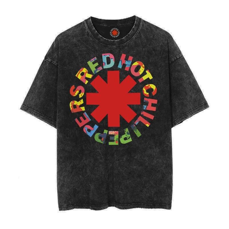 Modny Płukany Vintage Bawełniany T-shirt RED HOT CHILI PEPPERS Koszulka Męska Damska T Shirt Oversize Streetwear Krótki Rękaw