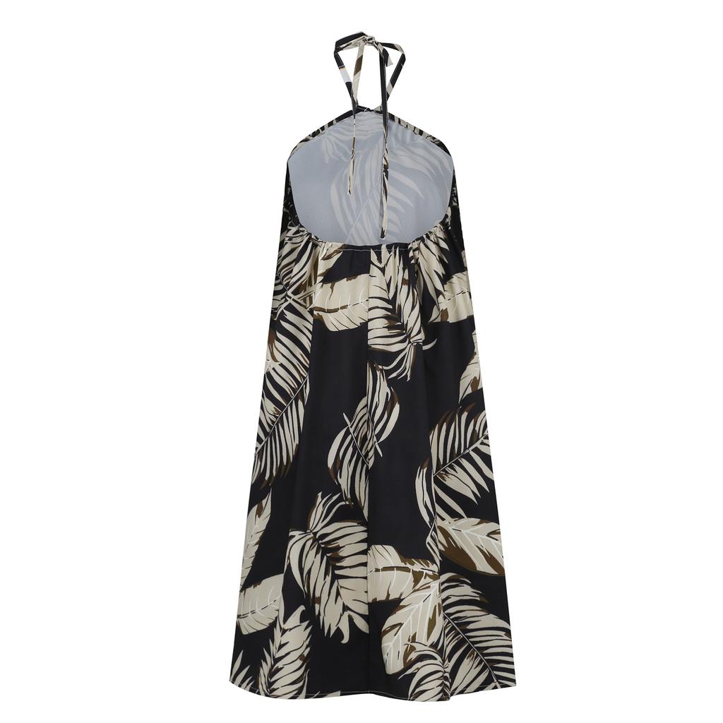 Women's Summer Fashion Casual Off Shoulder Printed Neck Tie Loose Dress