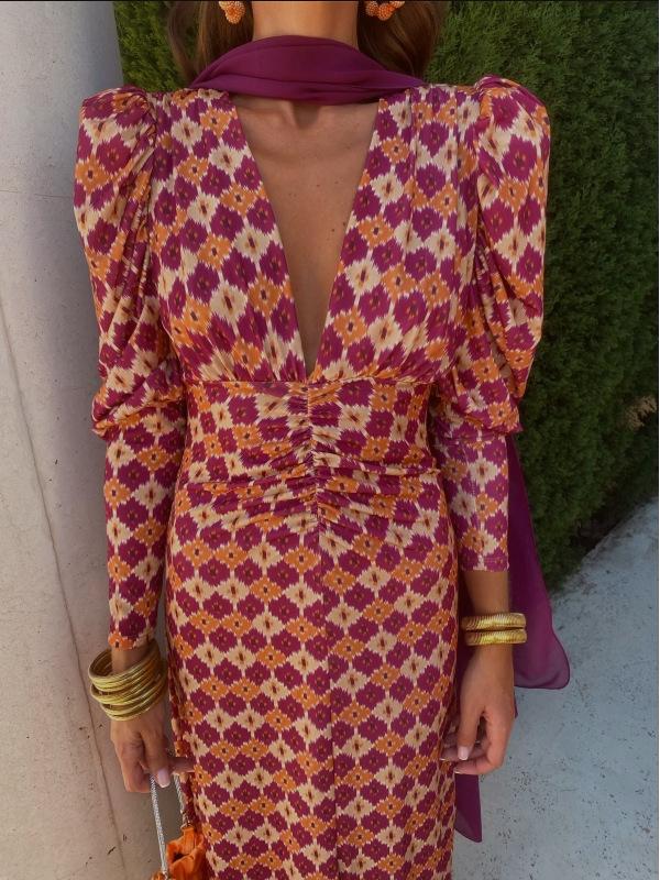 2025 Spring European & American Women's V-neck Print Pleated Dress