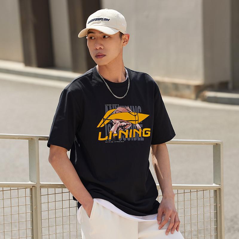 Li-Ning Logo Printed Round Neck Drop Shoulder Loose Comfortable Pullover Short Sleeve T-Shirt Men T-Shirts Black AHSU795-1
