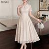 ZANZEA Women Casual Round Neck Lace Patchwork Elegant Short Sleeve Dress