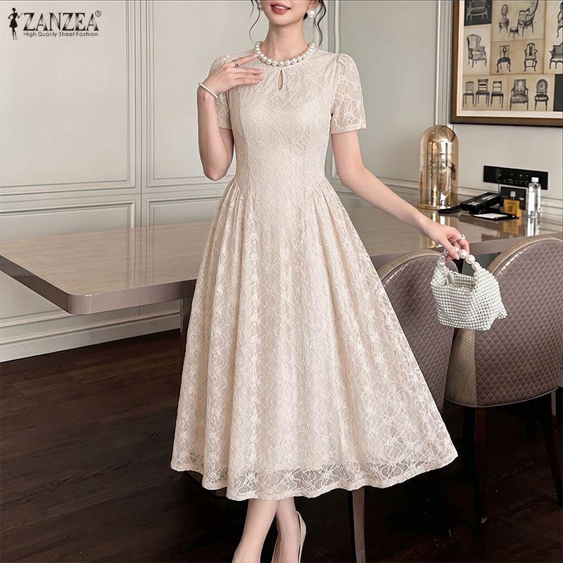 ZANZEA Women Casual Round Neck Lace Patchwork Elegant Short Sleeve Dress