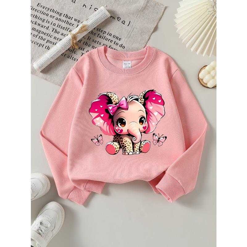 European sizes Girls Soft Crewneck Sweatshirt Cute Pink Elephant with Bow & Butterflies Print, Casual All-Match, Ideal Holiday Present