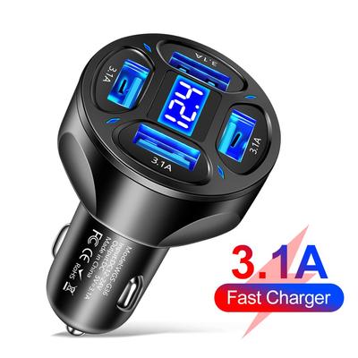 Ładowarka samochodowa USB z wieloma portami, 4 porty USB, wyświetlacz LED i szybkie ładowanie