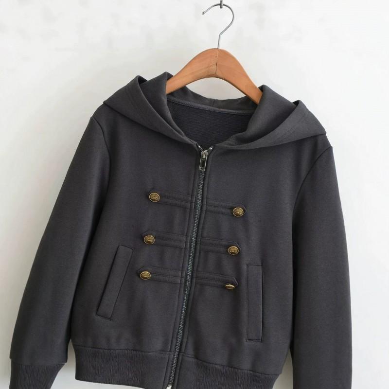 Womens Short Sweet Fresh Jacket Dual Metal Buckle Solid Color Hooded Zip Up Long Sleeve Casual Style