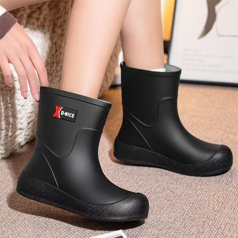 Woman Flat Sole High Top Rain Boots Thick Sole Non slip Round Toe Waterproof Detachable Cotton Cover Keep Warm Work Shoes